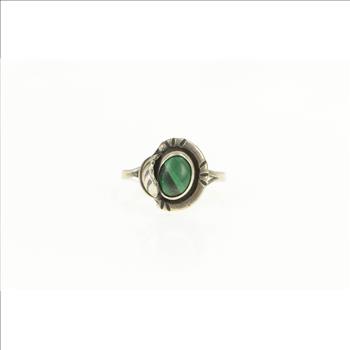 Sterling Silver Taxco Malachite Cabochon Leaf Statement Ring, Size 6.5
