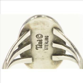 Sterling Silver Teme Coral Lapis Southwestern Geometric Ring, Size 9