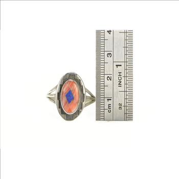 Sterling Silver Teme Coral Lapis Southwestern Geometric Ring, Size 9