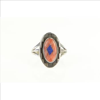 Sterling Silver Teme Coral Lapis Southwestern Geometric Ring, Size 9