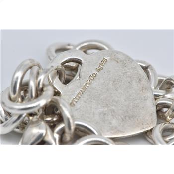 Sterling Silver Tiffany & Co Heart Charm Cable Chain Bracelet 7