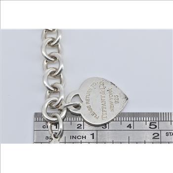 Sterling Silver Tiffany & Co Heart Charm Cable Chain Bracelet 7