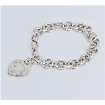 Sterling Silver Tiffany & Co Heart Charm Cable Chain Bracelet 7