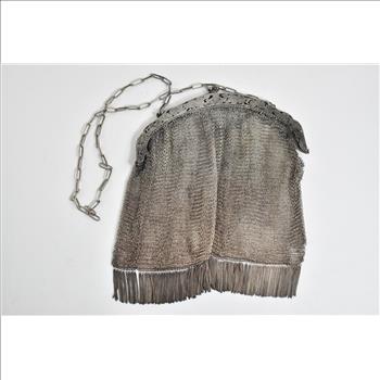 Sterling Silver Victorian Mesh Chain Fringe Tassel Purse Hand Bag
