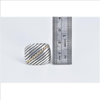 Sterling Silver Vintage 14k Gold Striped Squared Statement Ring, Size 4.25