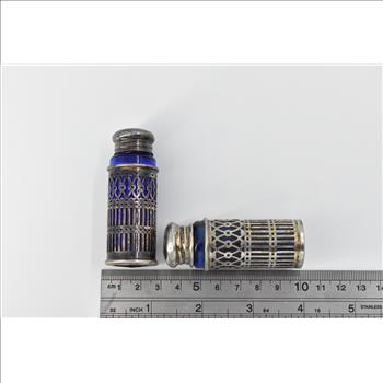 Sterling Silver Vintage Cobalt Glass Filigree Salt Pepper Shaker Set
