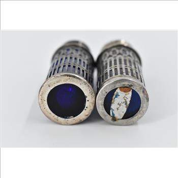 Sterling Silver Vintage Cobalt Glass Filigree Salt Pepper Shaker Set