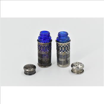 Sterling Silver Vintage Cobalt Glass Filigree Salt Pepper Shaker Set