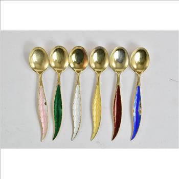 Sterling Silver Vintage Ottar Hval Guilloche Enamel Spoons Set (6pcs)
