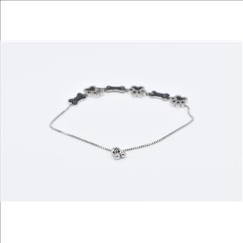 Sterling Silver White & Black Diamond Dog Bone Paw Print Bracelet 5-8.75
