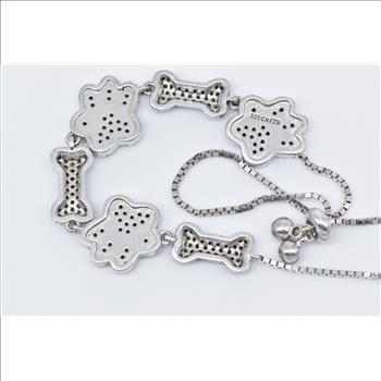 Sterling Silver White & Black Diamond Dog Bone Paw Print Bracelet 5-8.75