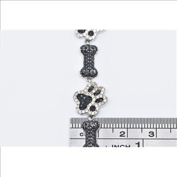 Sterling Silver White & Black Diamond Dog Bone Paw Print Bracelet 5-8.75