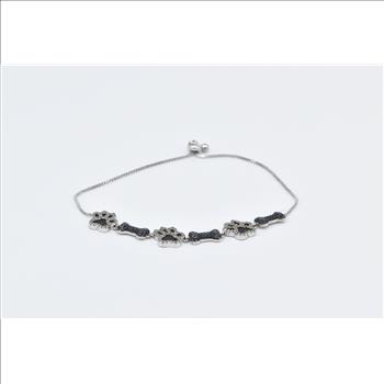 Sterling Silver White & Black Diamond Dog Bone Paw Print Bracelet 5-8.75