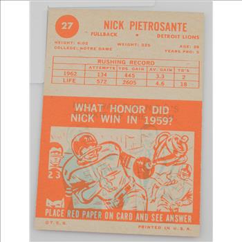 1963 Nick Pietrosante Detroit Lions Topps #27 Football Card