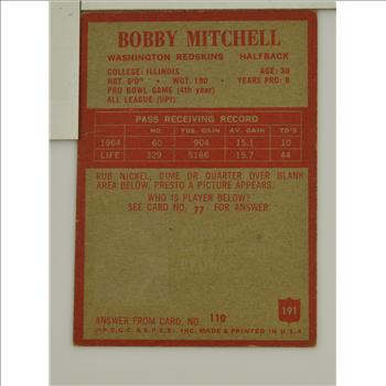 1965 Bobby Mitchell Washington Redskins Topps #191 Football Card