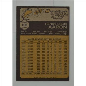 1969 Hank Aaron Atlanta Braves Topps #100- Book Value $40