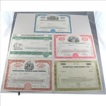 Lot of 5 Different Vintage Stock Certificates - Very Cool Art - Financial History