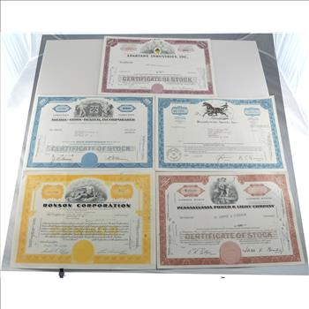 Lot of 5 Different Vintage Stock Certificates - Very Cool Art - Financial History