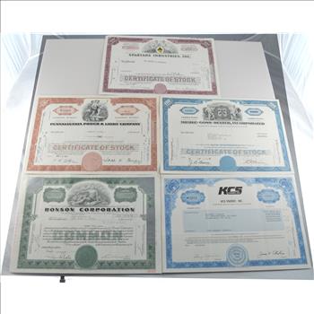 Lot of 5 Different Vintage Stock Certificates - Very Cool Art - Financial History