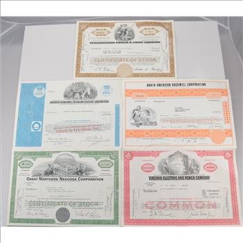 Lot of 5 Different Vintage Stock Certificates - Very Cool Art - Financial History