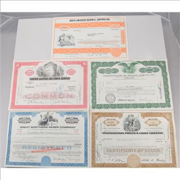 Lot of 5 Different Vintage Stock Certificates - Very Cool Art - Financial History