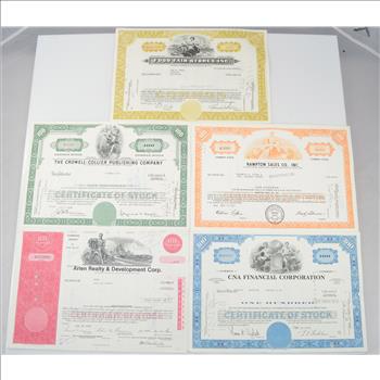 Lot of 5 Different Vintage Stock Certificates - Very Cool Art - Financial History