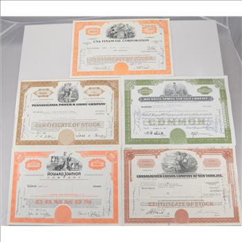 Lot of 5 Different Vintage Stock Certificates - Very Cool Art - Financial History