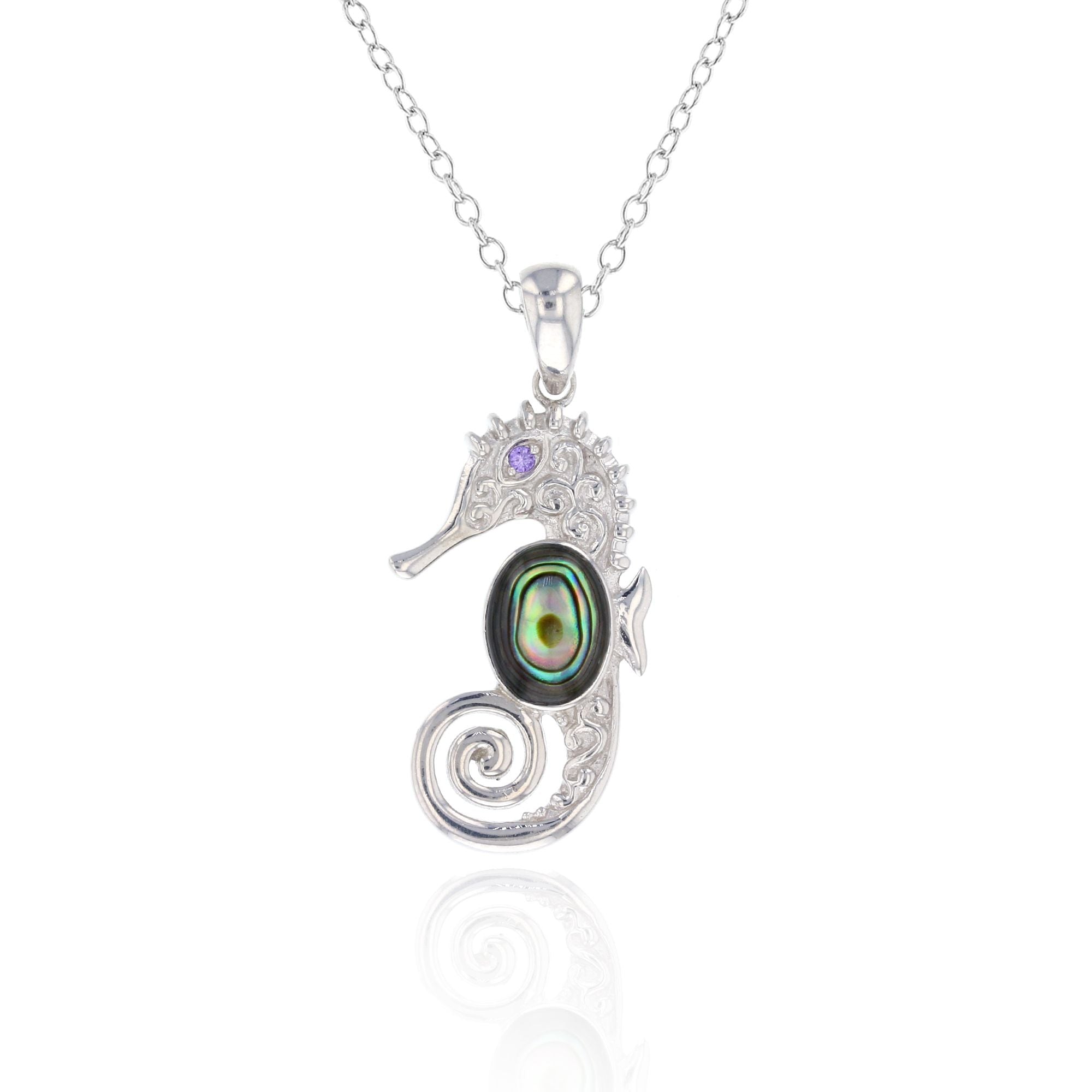 Sterling Silver Abalone Seahorse, Amethyst CZ Eyes Pendant with Chain