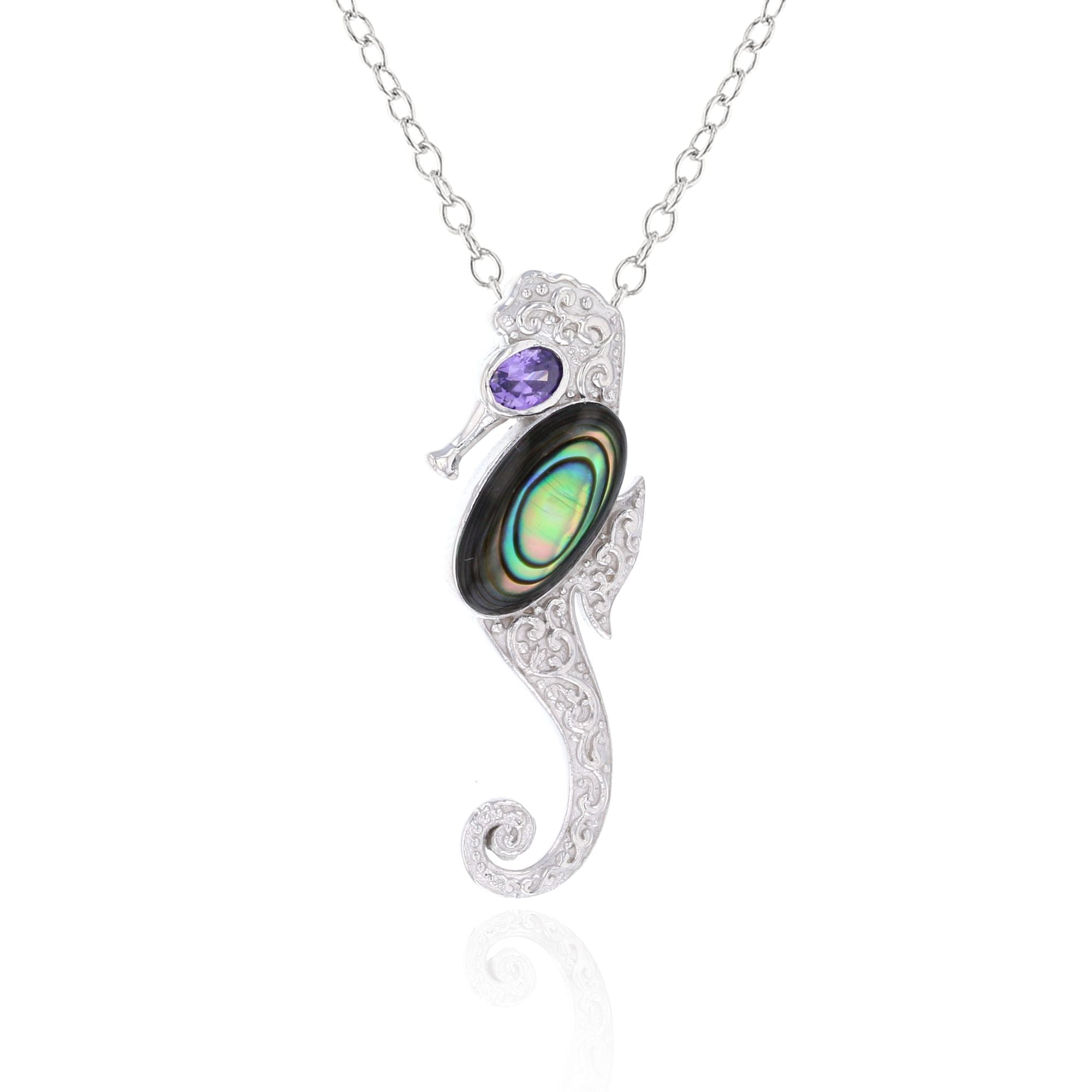 Sterling Silver Abalone Seahorse and Amethyst CZ Pendant with Chain