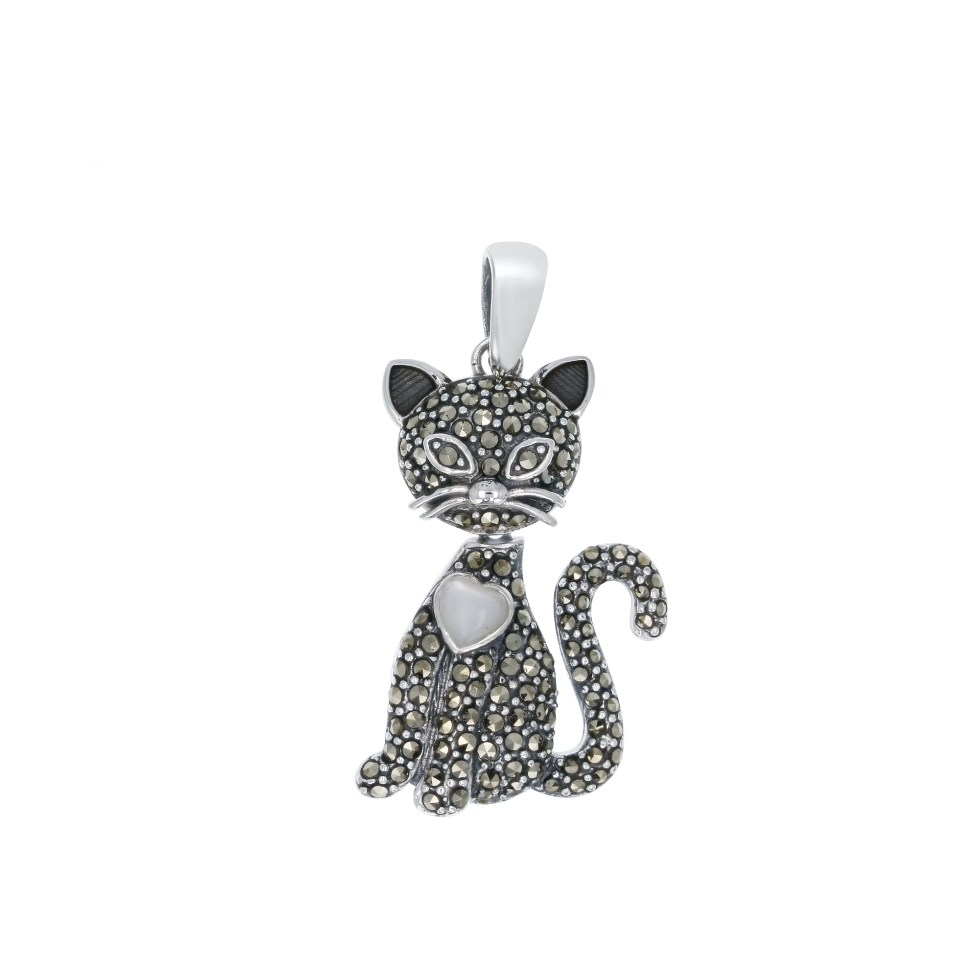 Sterling Silver Marcasite Movable Cat with Heart Pendant with 18" Chain