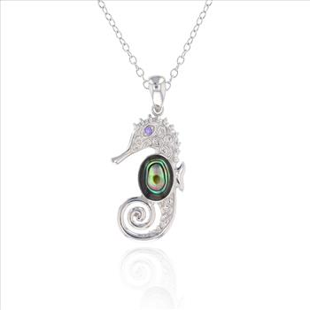 Sterling Silver Abalone Seahorse, Amethyst CZ Eyes Pendant with Chain