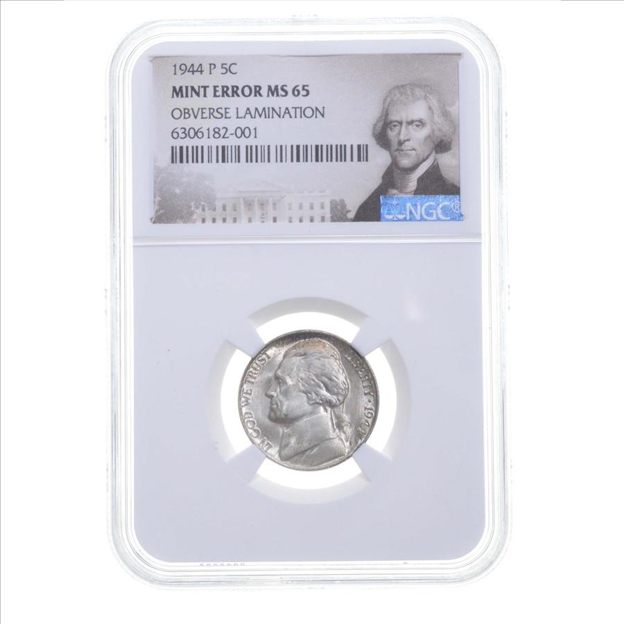 MS65 1944P Jefferson Nickel Mint Error Obverse Lamination Graded
