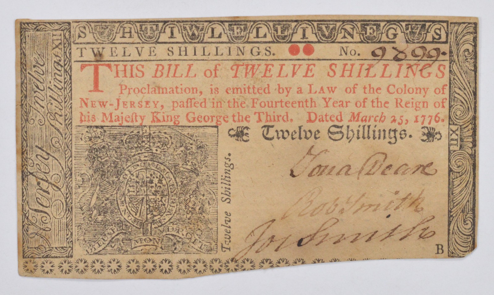 1776 12 Shillings New Jersey Colonial Currency Note March 25th NJ179
