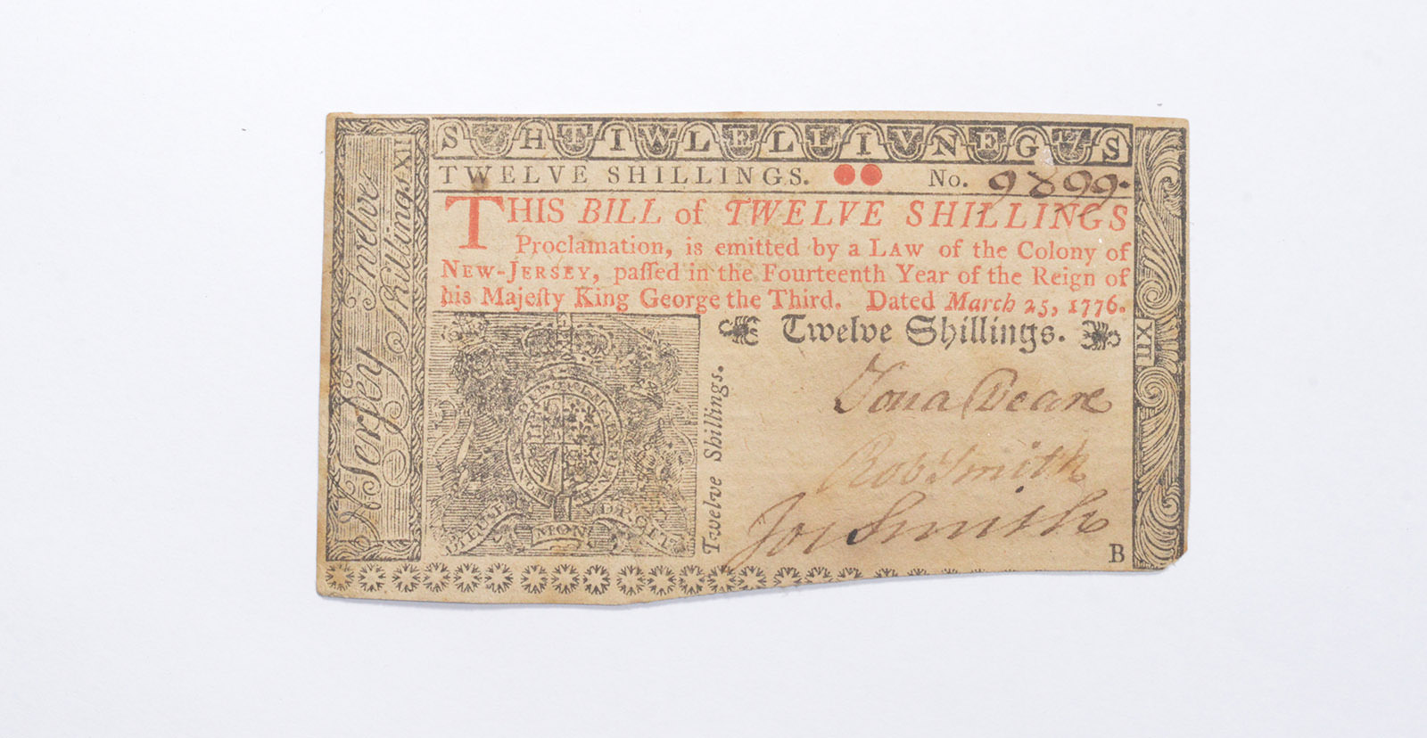 1776 12 Shillings New Jersey Colonial Currency Note Signatures John