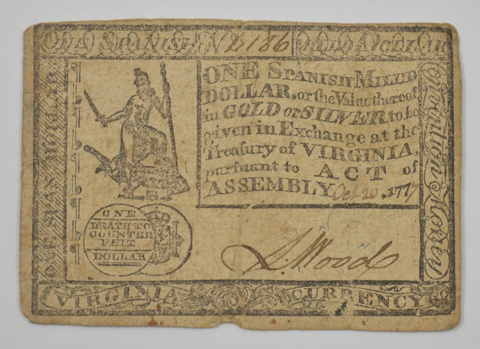 1777 One Dollar Virginia Colonial Currency VA125 Property Room