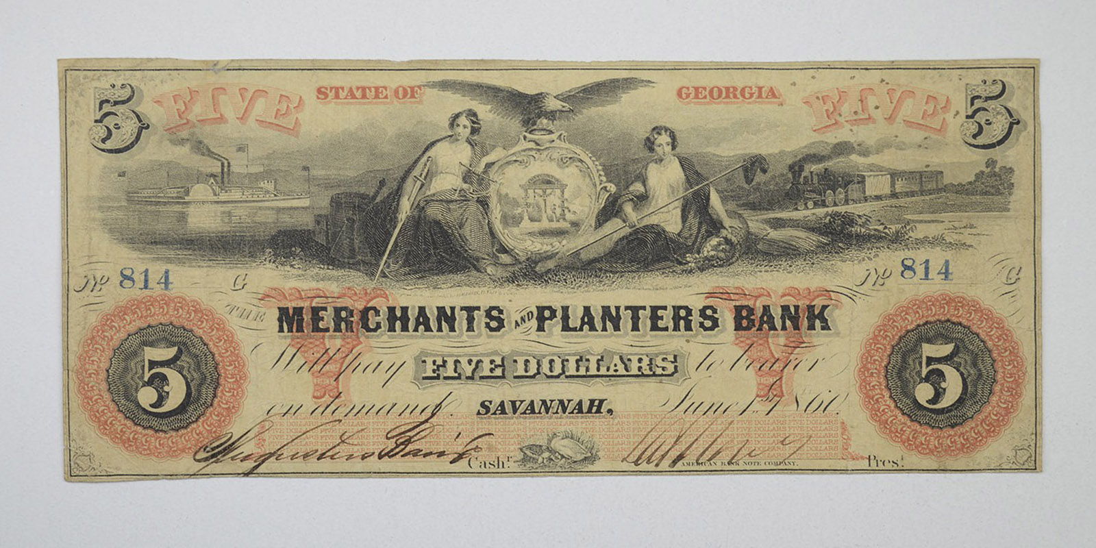 1860 5 Merchants & Planters Bank Savannah GA Large Size Obsolete Note