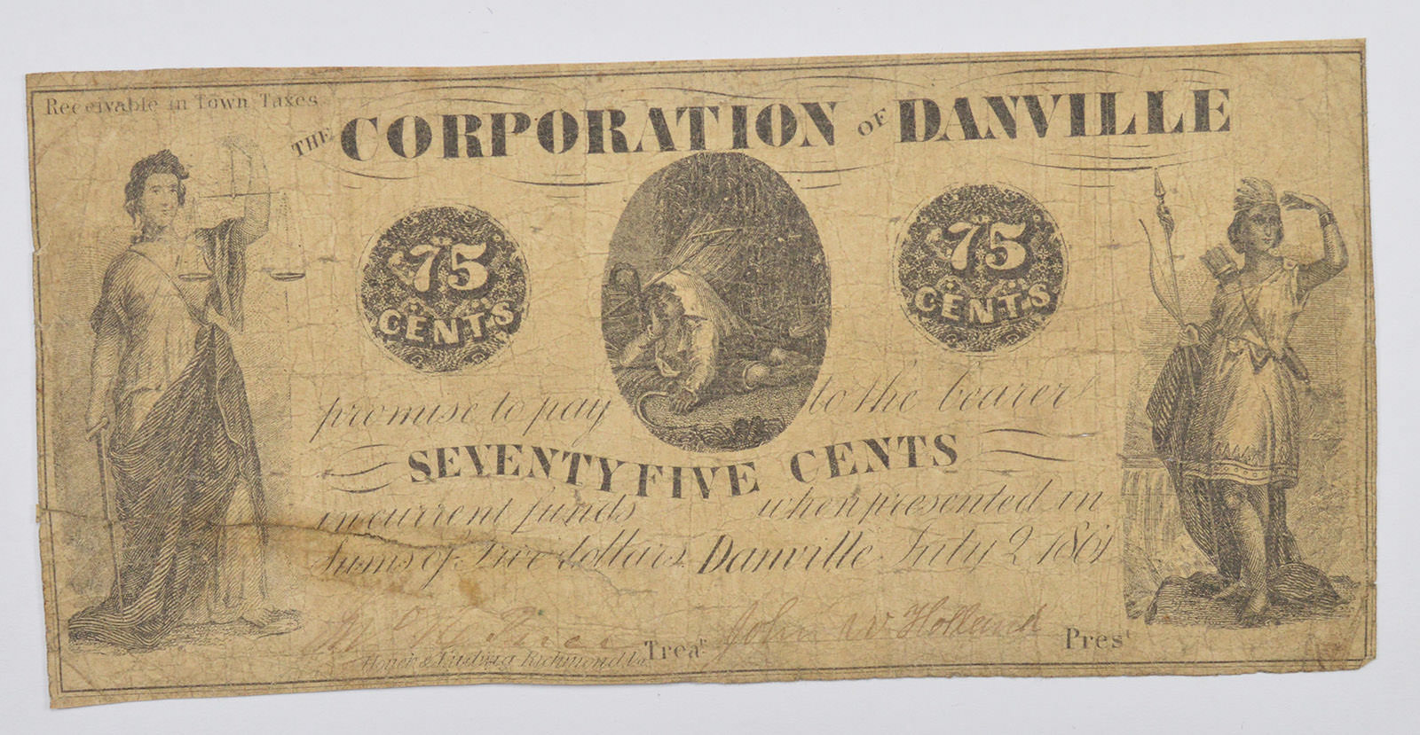 1861 0.75 SeventyFive Cents Corporation of Danville Taxes Note