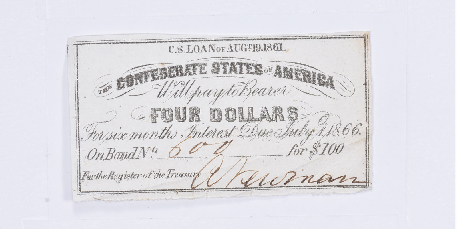 1861 $4 Confederate States of America Authentic Civil War Bond Note ...