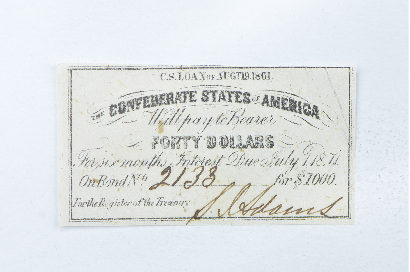 1861 $40 Confederate States of America - Authentic Civil War Bond Note ...