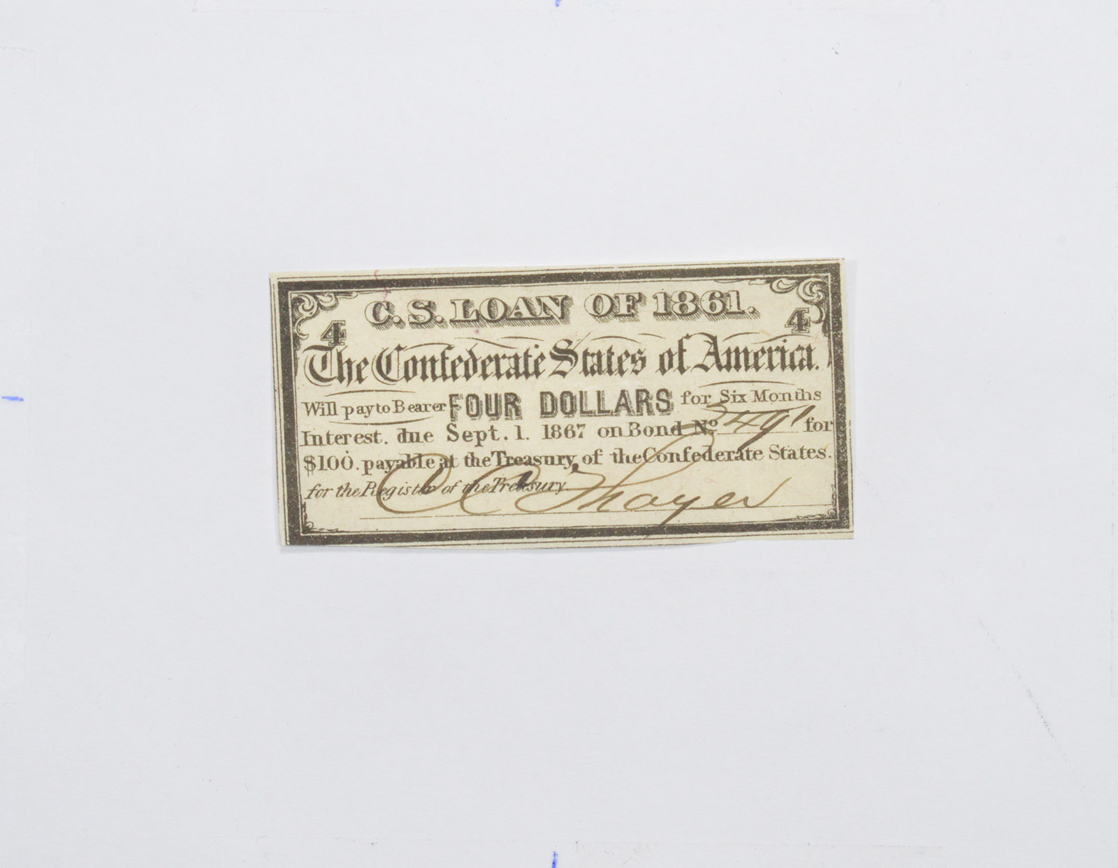 1861 $4.00 Confederate States of America - Authentic Civil War Bond ...