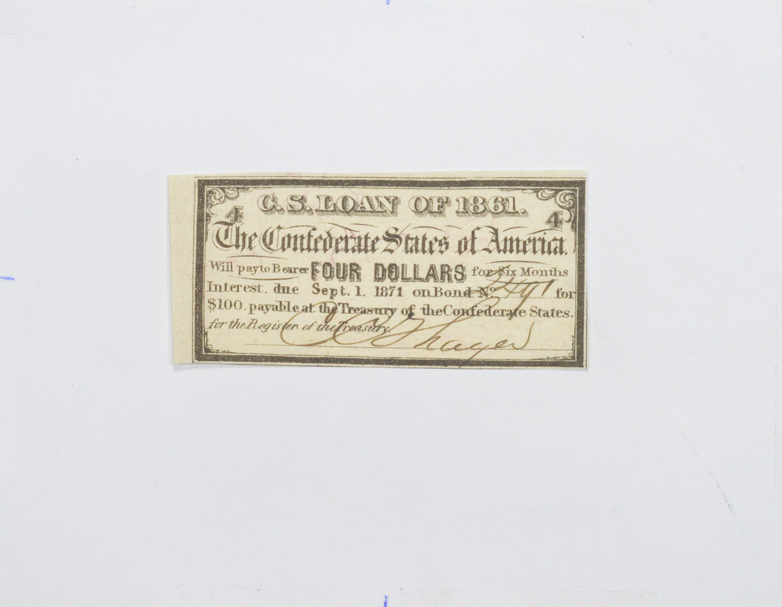 1861 $4.00 Confederate States of America - Authentic Civil War Bond ...