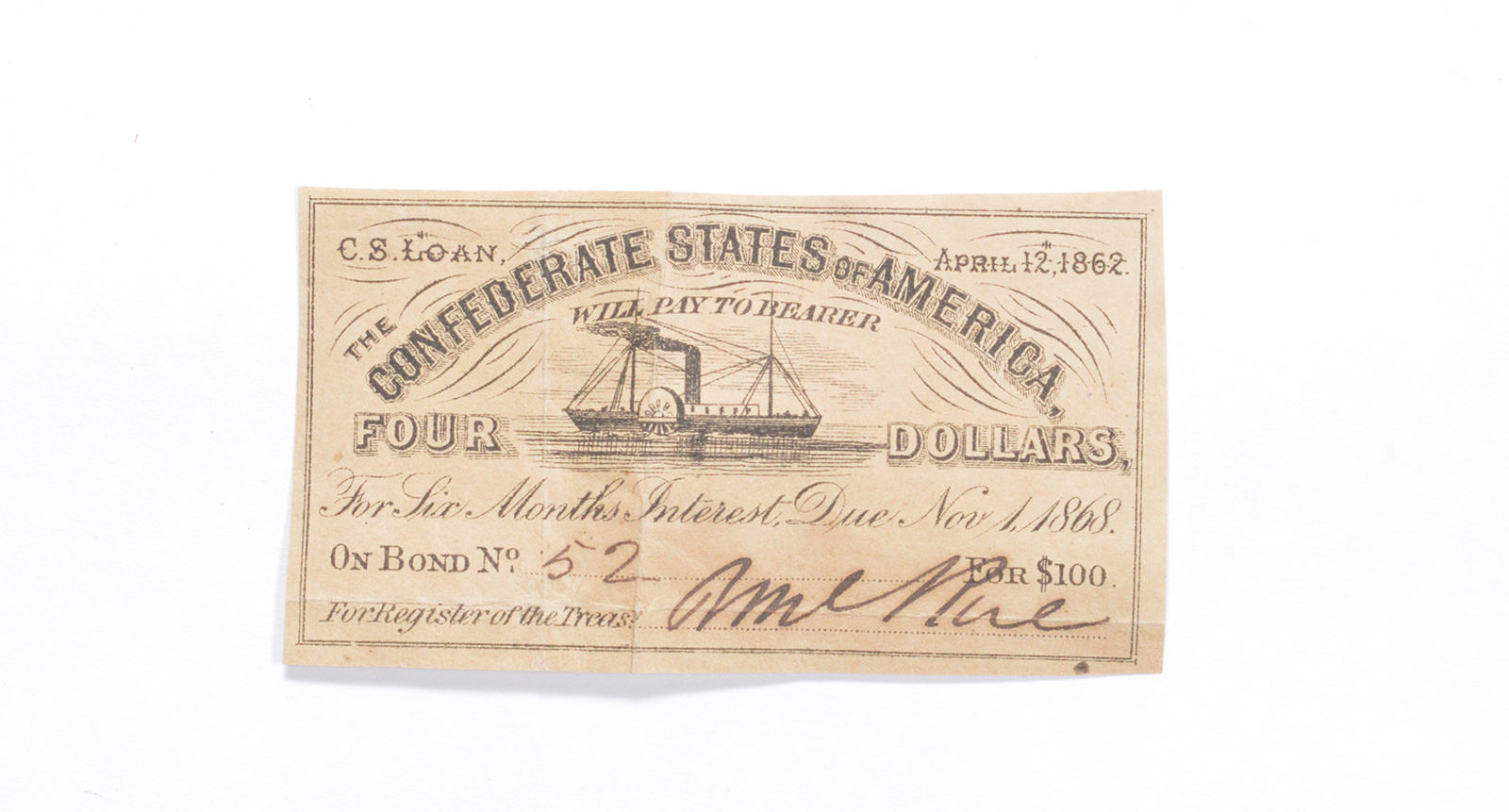 1862 $4 Confederate States of America - Authentic Civil War Bond Note ...