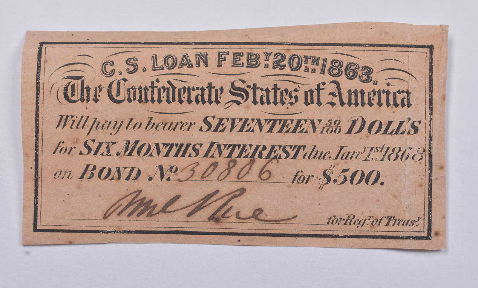1863 $17 Confederate States of America - Authentic Civil War Bond Note ...