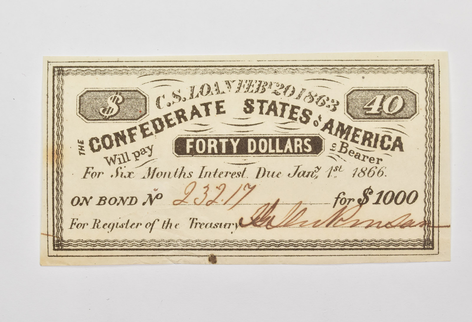 1863 $40 Confederate States of America - Authentic Civil War Bond Note ...