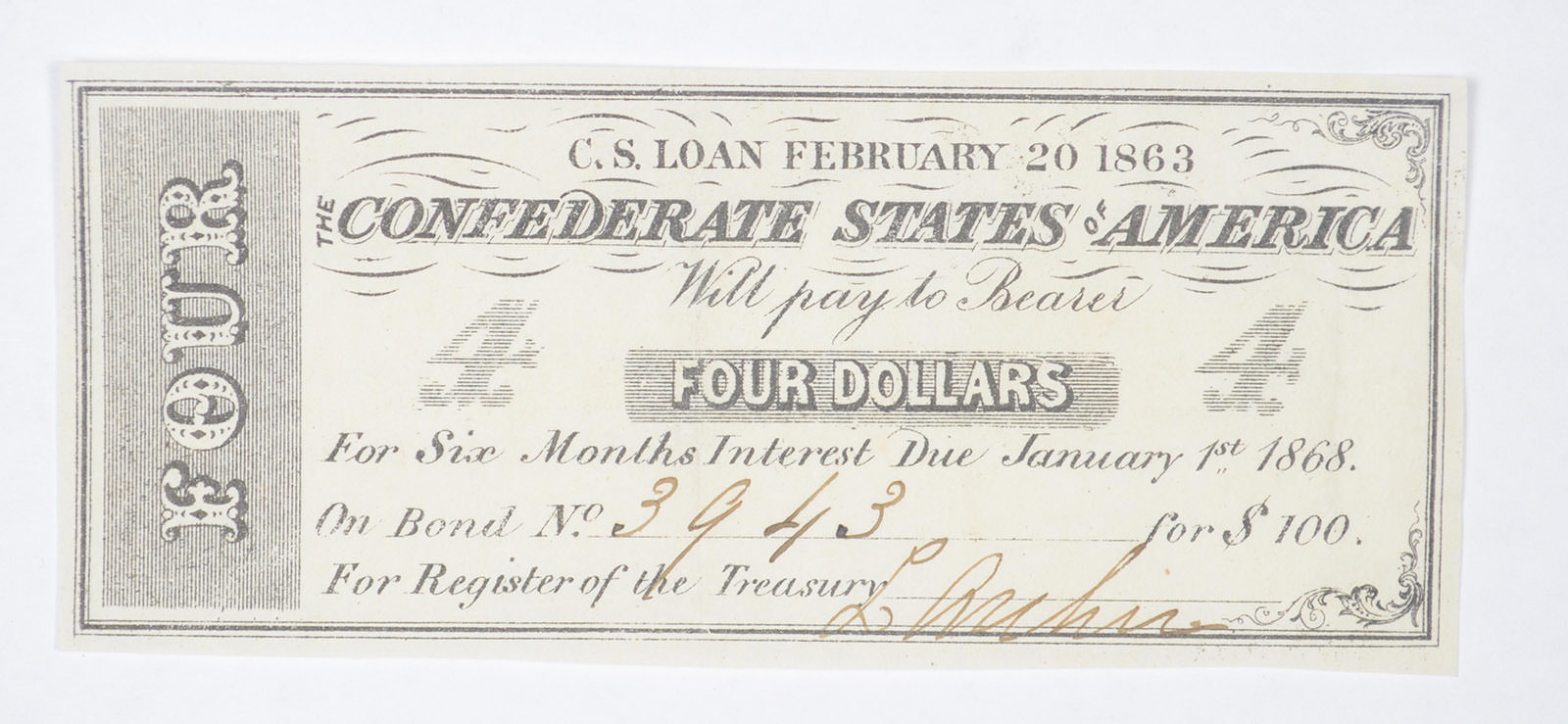 1863 $4.00 Confederate States of America - Authentic Civil War Bond ...