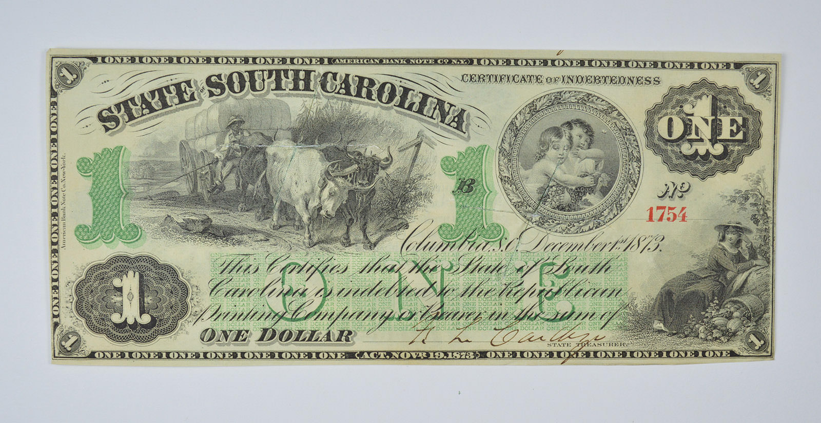 1873 1 00 Early State Of South Carolina Bank Note Crisp