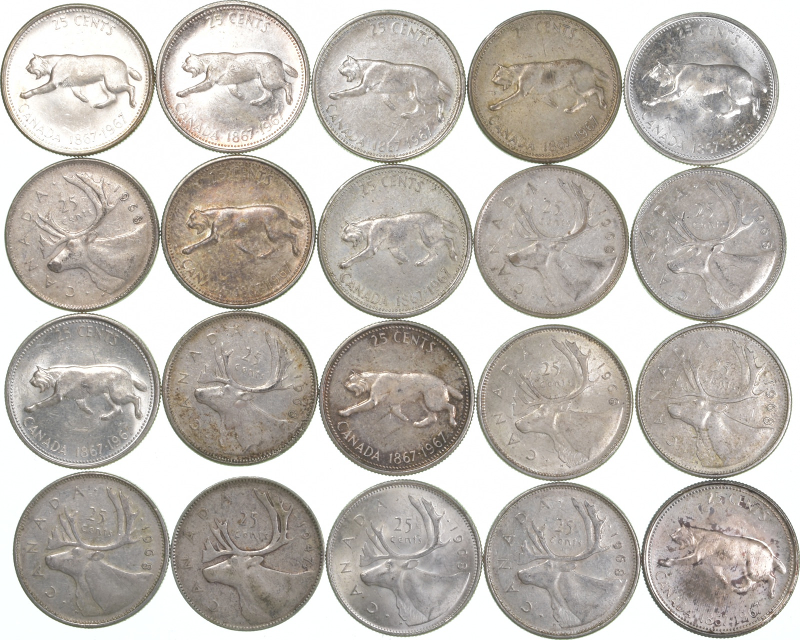 1967 & 1968 SILVER Canadian Canada Silver Quarters Lot 5 Face Quarter