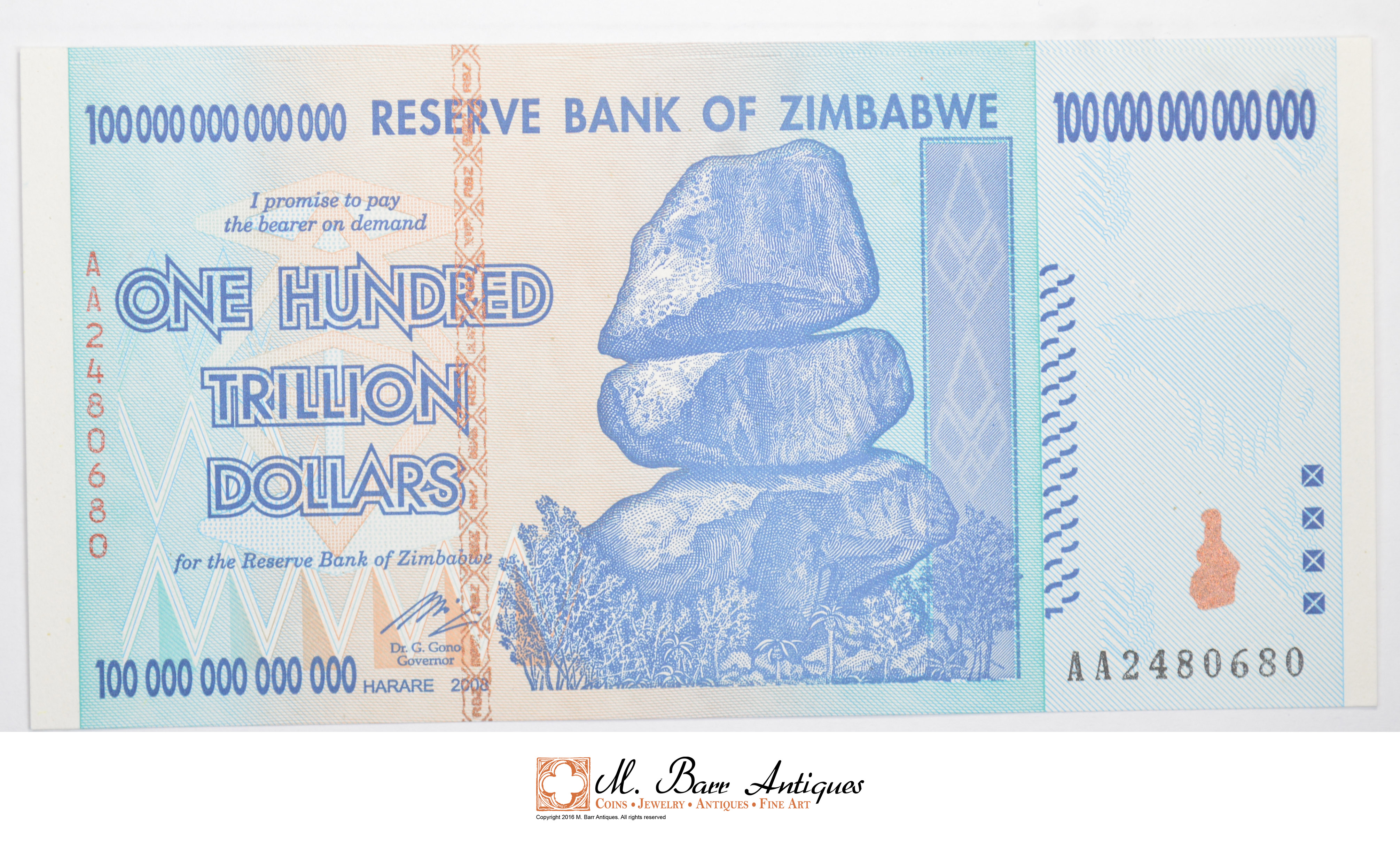 2008 100 Trillion Dollar Reserve Bank Of Zimbabwe Currency Note