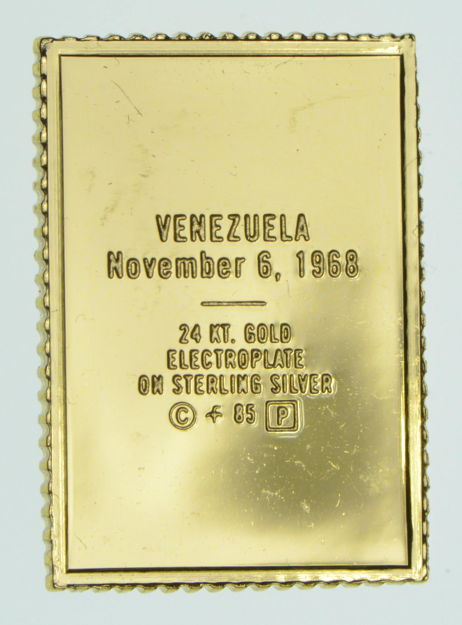 24K Gold Plated SILVER - Venezuela - Nov 6, 1968 Postage .925 Sterling Silver Stamp - 2.1 Grams ...