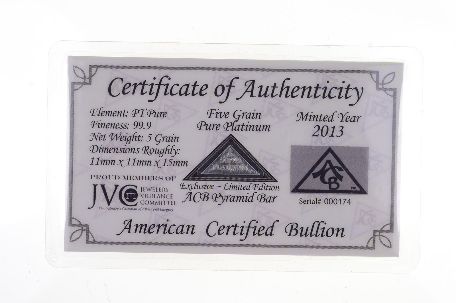 ACB PLATINUM 1 GRAM PURE PT BULLION MINTED BAR 99.9 FINE with CERTIFICATE